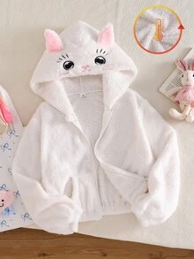 SHEIN 1件女童甜美風休閒外套，校園休閒穿搭，秋冬款3D貓咪刺繡連帽寬鬆抓絨夾克 - 白色 - 查看 4
