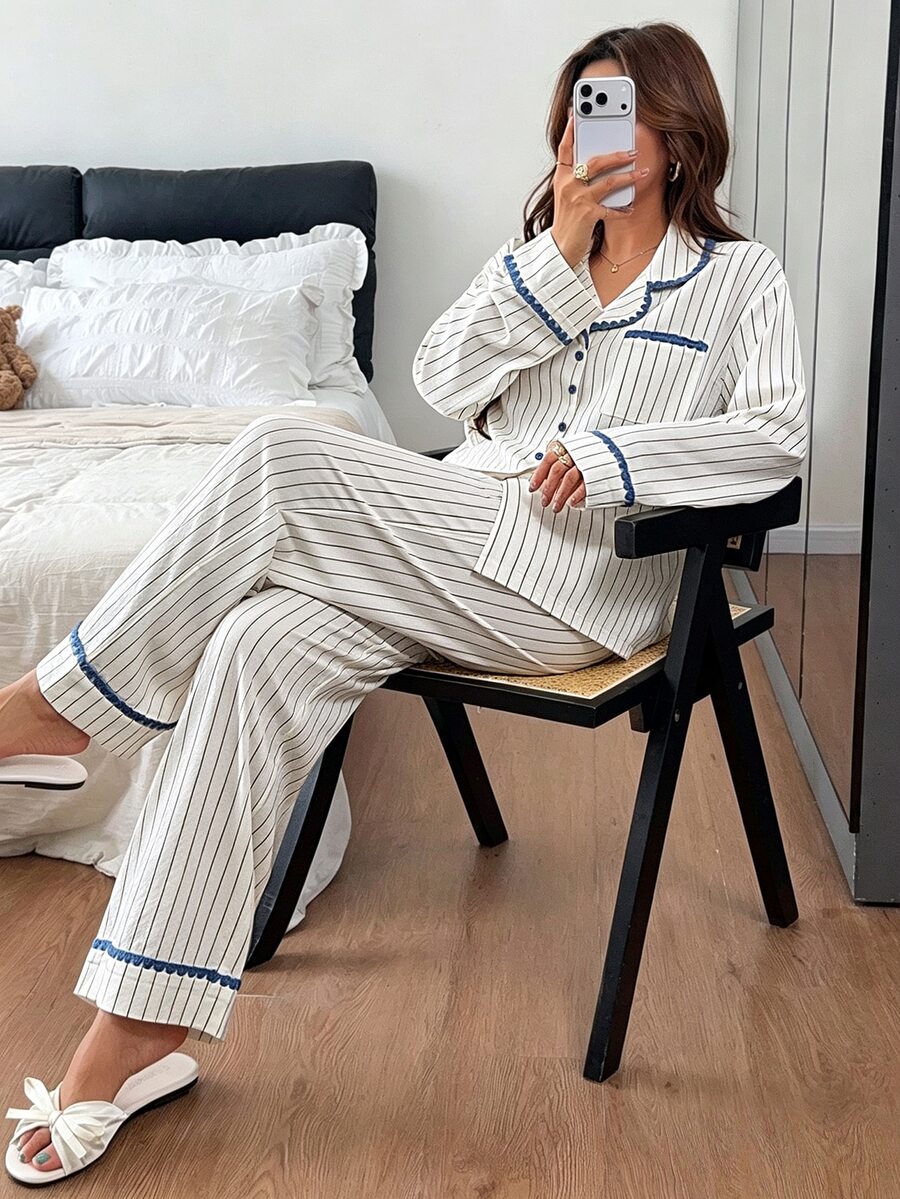 Napfluff 女童夏季黃色條紋長袖長褲休閒寬鬆居家服2件套 - 白色 - 查看 1