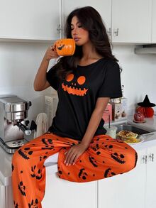 ZzzCrew Halloween Print Short Sleeve & Long Pants Pajama 2 Pieces Set - Multicolor - View 1