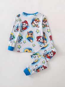 SHEIN | PAW Patrol 小男孩春秋款狗狗印花圓領長袖上衣與修身長褲家居服2件套 - 灰色 - 查看 2