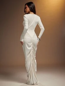 Hauture Women's Sexy Solid Color Cut-Out Long Sleeve Ruched Bodycon Maxi Dress - Apricot - View 2