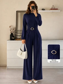 Modelyn New Women's Fitted Woven Elegant Versatile Daily Decorative Button Long Jumpsuit - Navy Blue - View 3