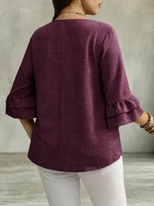 Linhara CURVE Women's Plus Size V-Neck Mid-Length Ruffle Sleeve Loose Fit Faux Linen Comfortable Fabric Blouse Suitable For Outings, Vacation, Daily Casual, Commuting And Work - Red Violet - View 2