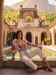 CAJUNI 女款波希米亞風綁帶上衣，適合海灘與熱帶度假 - 彩色 - 查看 5