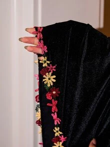 Slumberist 1pc Women's Sexy Camisole Nightgown, Luxury Velvet Pajamas, Embroidered Lace Contrast Color Sleep Dress, Evening Gown - Black - View 8