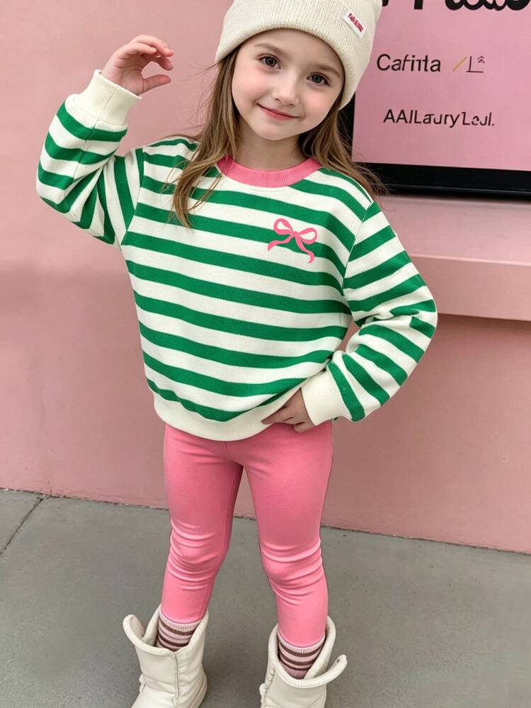 Young Girls' Sweatshirt Set, Striped + Bow Pattern, Suitable For Autumn And Winter, Simple Casual, Fashionable - Multicolor - View 1
