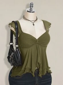 SHEIN ICON 大尺碼女款前褶皺修身性感網紗拼接荷葉袖露背休閒度假短版背心，秋季返校穿搭 - 軍綠色 - 查看 5