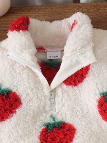 SHEIN طقم سويت شيرت بناتي من قطعتين للربيع والخريف، كاجوال بطبعة وسحاب وأكمام طويلة، فرو ناعم للاستخدام اليومي، أبيض وأحمر بنقشة فراولة، هودي فروي - الأحمر - مشاهدة 5
