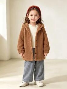SHEIN 女童冬季淺棕色連帽抓絨外套，舒適面料，簡約百搭，適合室內外活動 - 棕色 - 查看 1