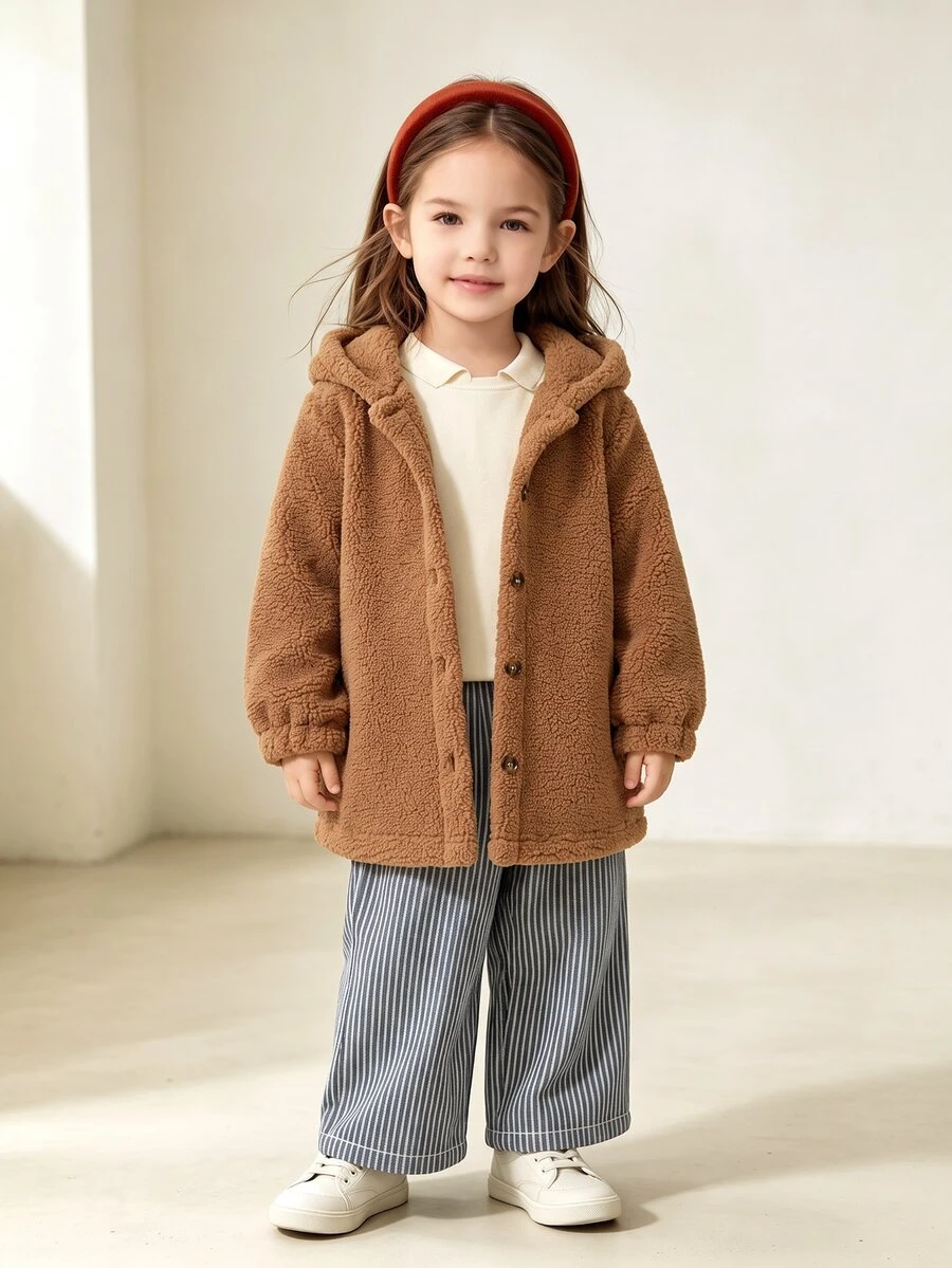 SHEIN 女童冬季淺棕色連帽抓絨外套,舒適面料,簡約百搭,適合室內外活動 - 棕色 - 查看 1