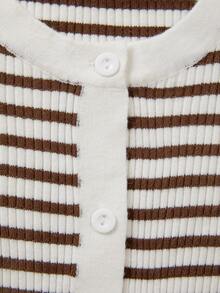 SHEIN Autumn Winter Casual Fashion Black White Striped Round Neck Single Breasted Flared Hem Slim Fit Long - Coffee Brown - View 8