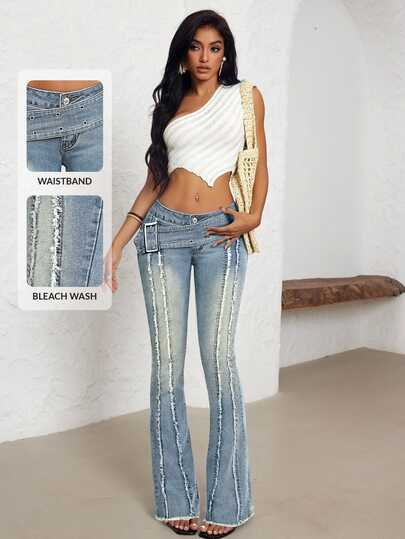 Jeanoix Plus Size Women's Stretch Denim Jeans Light Blue Vintage Wash Street Casual Fashion Y2K Design Slim Fit Flared Leg Cowboy Outfits For Women