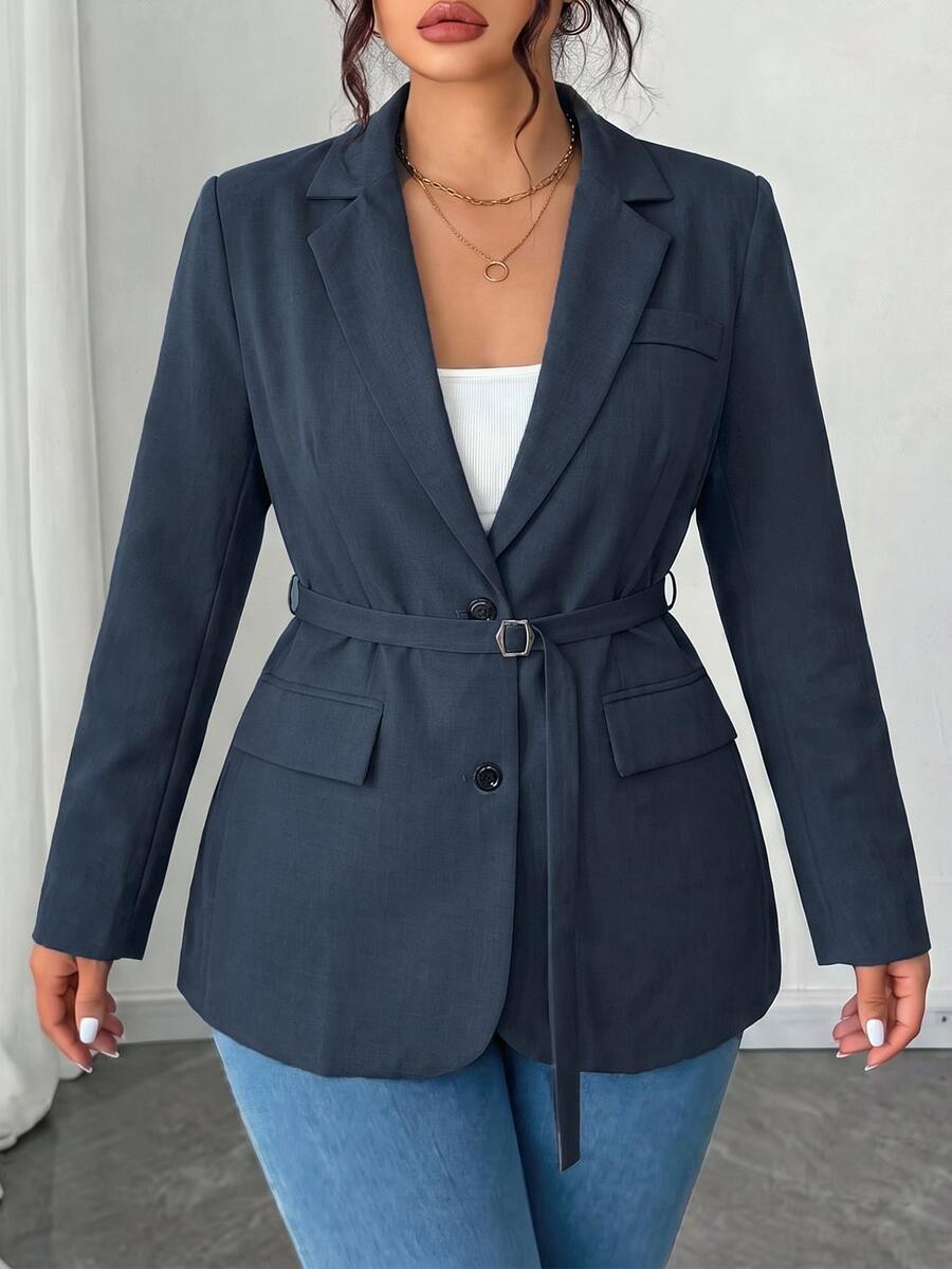 Elenzga Plus Size Women's Solid Color Blazer With Lapel, 2-Button Closure, Adjustable Waist Belt, Mid-Length Cinched Waist, H-Line Slightly Loose Fit, Suitable For Autumn/Winter Office Commute And Business Travel - Grey - View 1