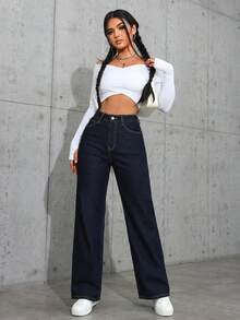 SHEIN CURVE+ Celana Jeans Denim Kasual Sehari-hari Wanita Ukuran Besar dengan Saku dan Kancing - Dark Wash - View 4