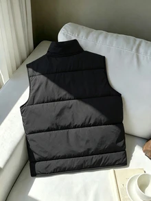 SHEIN 少女休閒時尚梭織布料 3 合 1 絎縫內裡對比色抓絨背心外套，寬鬆版型，舒適，適合秋冬日常通勤、戶外玩耍、出遊、聚會、拍照 - 黑色 - 查看 2
