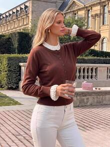 KARISMINA Brown Fake Two Piece Ruffle Trim Button Cardigan For Gathering Shopping Preppy Style,Fall Winter Sweater,Halloween,Country,Daily Commute,New Year - Brown - View 11