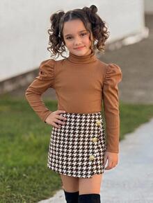 Young Girls Young Girl Coffee Color Knitted Base Layer T-Shirt + Shorts Skirt 2pcs Set, Comfortable Soft Casual Daily Versatile - Coffee Brown - View 7