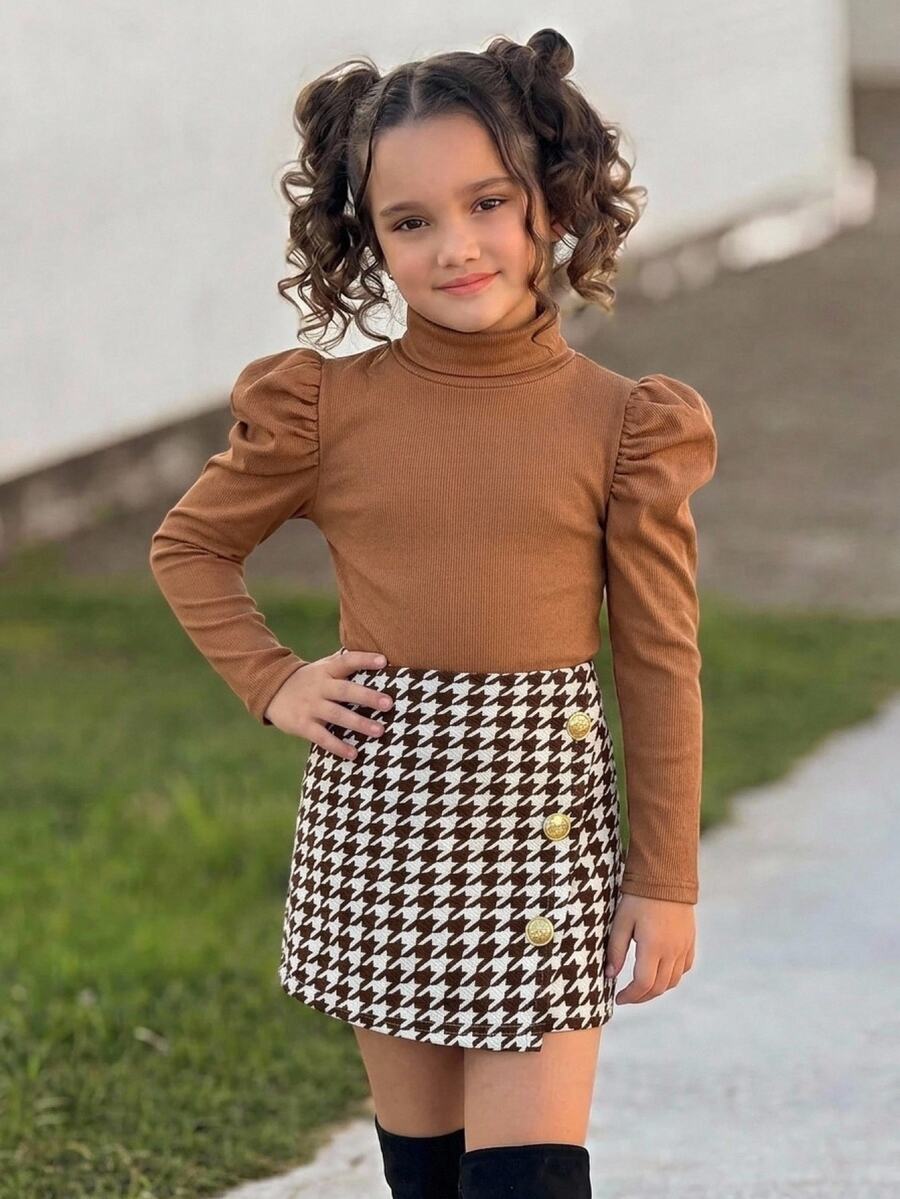 Young Girls Young Girl Coffee Color Knitted Base Layer T-Shirt + Shorts Skirt 2pcs Set, Comfortable Soft Casual Daily Versatile - Coffee Brown - View 1