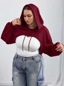 SHEIN CURVE+ 大尺碼黑色針織超短連帽毛衣，適合秋冬穿著/秋季/冬季 - 酒紅色 - 查看 7