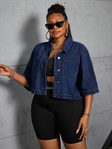 SHEIN CURVE+ Plus Size Women's Cropped Denim Jacket - Dark Wash - View 6
