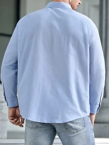EASEVO 男士大尺碼純色長袖單排扣休閒口袋襯衫 商務辦公淺藍色秋季 - 藍色 - 查看 3