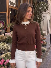 KARISMINA Brown Fake Two Piece Ruffle Trim Button Cardigan For Gathering Shopping Preppy Style,Fall Winter Sweater,Halloween,Country,Daily Commute,New Year - Brown - View 4