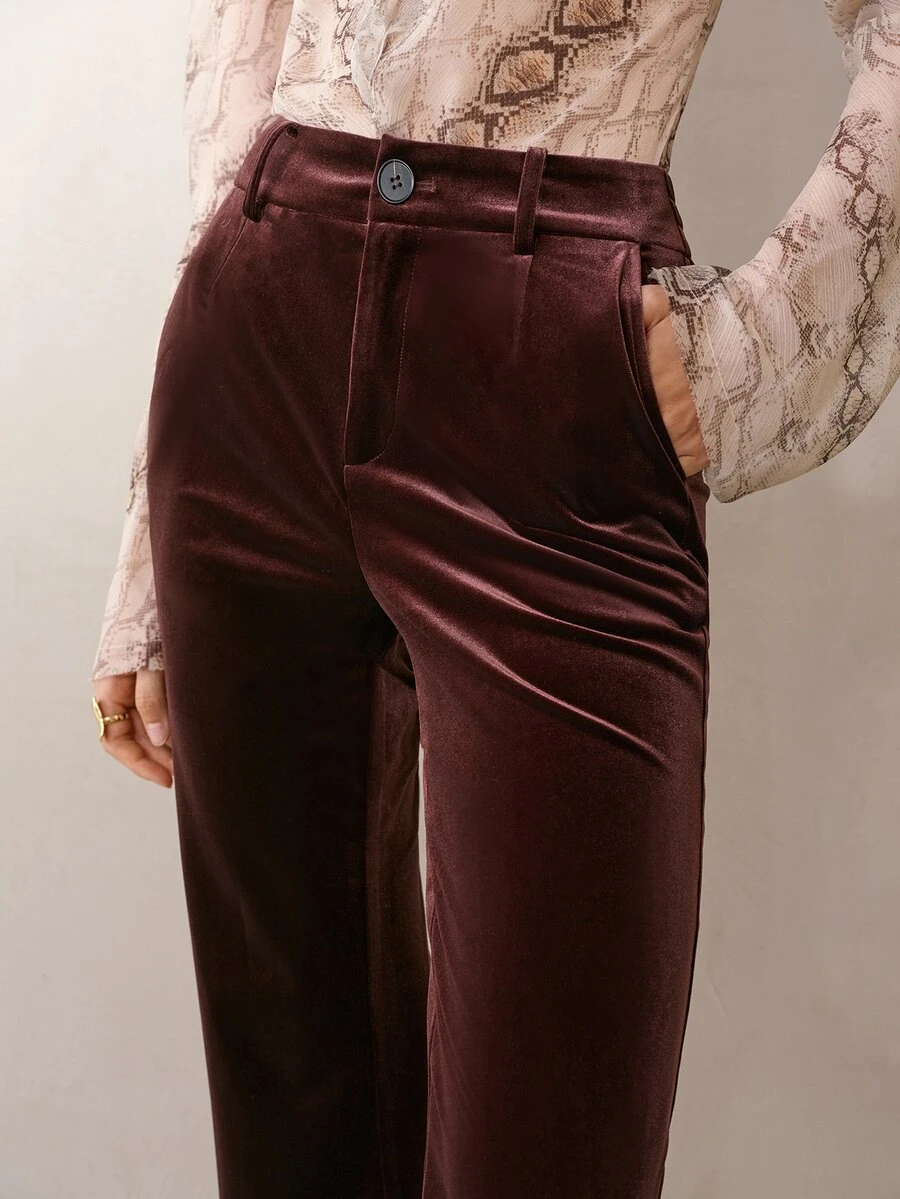 MOTF PREMIUM WOMEN'S VELVET SOLID COLOR FLARE LEG TROUSERS - Brown - View 2