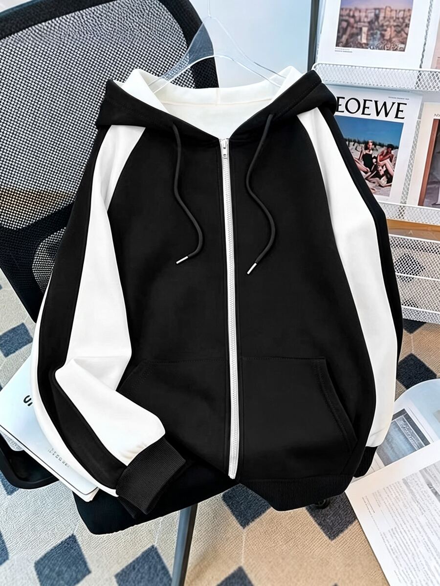 Resyla Women's Colorblock Raglan Sleeve Hooded Zip-Up Sweatshirt, Casual Versatile Sweatshirt, Vintage Patchwork Zip-Up Hooded Jacket - Multicolor - View 1