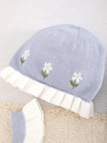 SHEIN LMoss Kids 女嬰新生兒碎花針織秋季連身衣，拼色設計，蕾絲飾邊，適合滿月、生日及其他場合，連身衣 + 帽子 2件套 - 霧霾藍 - 查看 4