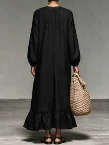 LUMIGAL Women's Solid Color Ruffle Trim Long Dress For Vacation And Casual Wear - Black - View 2