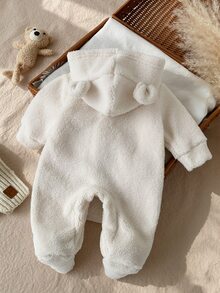 SHEIN 新生兒秋冬棕色羊羔絨連帽連腳連身衣 0-12個月嬰兒 前開扣易穿脫 戶外爬行裝 - 杏色 - 查看 3