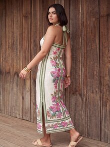 CAJUNI Plus Size Women's Fashion Floral Print Halter Neck Tie Strap Dress Brunch Vacation Formal White Summer Boho Elegant - Multicolor - View 5
