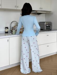ZzzCrew Cute Bow Print Slim Fit Round Neck Half-Button Long Sleeve Woven Printed Pants Women's Pajama Set - Blue - View 2