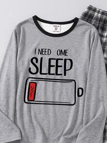 2pcs/Set Boys New Fashion Minimalist Solid Color Round Neck Gray Long Sleeve Top With SLEEP Print Autumn/Winter Pajamas - Grey - View 4