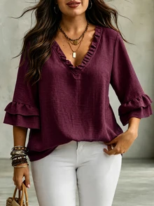 Linhara CURVE Women's Plus Size V-Neck Mid-Length Ruffle Sleeve Loose Fit Faux Linen Comfortable Fabric Blouse Suitable For Outings, Vacation, Daily Casual, Commuting And Work - Red Violet - View 1