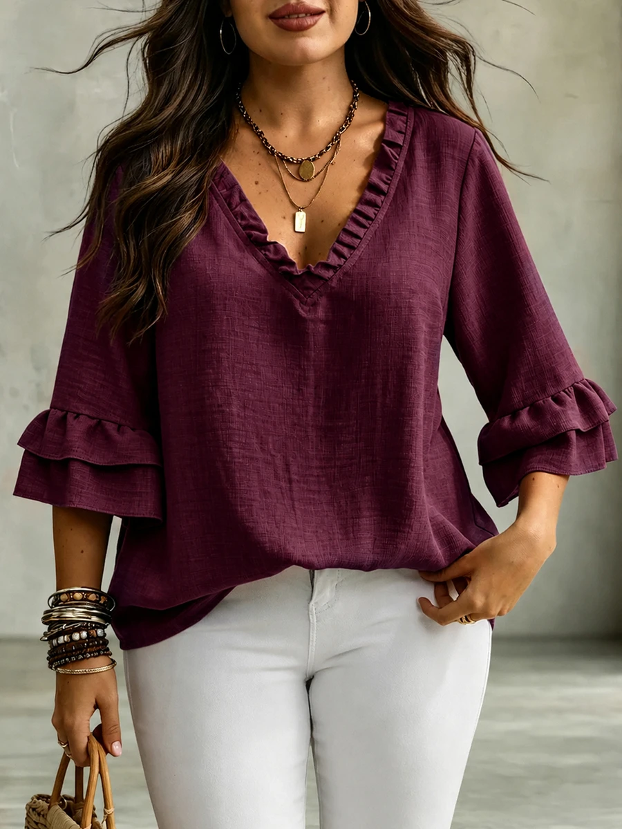 Linhara CURVE Women's Plus Size V-Neck Mid-Length Ruffle Sleeve Loose Fit Faux Linen Comfortable Fabric Blouse Suitable For Outings, Vacation, Daily Casual, Commuting And Work - Red Violet - View 1