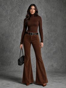 LUMIGAL Women's Solid Color Casual Corduroy Flare Leg Pants With Pockets - Coffee Brown - View 4