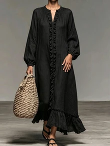LUMIGAL Women's Solid Color Ruffle Trim Long Dress For Vacation And Casual Wear - Black - View 1