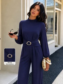 Modelyn New Women's Fitted Woven Elegant Versatile Daily Decorative Button Long Jumpsuit - Navy Blue - View 4