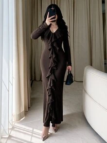 Modelyn Women's Brown Knitted Textured Long Sleeve Ruffle Waist Fitted Bodycon Fishtail Slit Elegant Romantic Dress - Brown - View 7