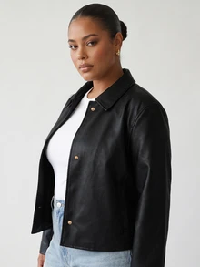 Solavibe Plus Size Black Faux Leather Collared Toggle Button Jacket For Campus Hangout,Urban Stroll,Autumn Holiday Trip,Winter Jacket,Work Outfits - Black - View 8