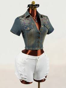 SHEIN Jaket Denim Pendek Slim Fit dengan Hiasan Rhinestone untuk Wanita di Musim Panas - Dark Wash - View 3
