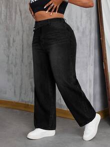 SHEIN CURVE+ Cowgirl Outfit Plus Size Women's Black Non-Stretch Slim Straight Leg Jeans - Black - View 5