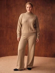 MOTF PREMIUM PLUS SIZE WOMEN'S WOOL TURTLENECK DROP SHOULDER SWEATER AND KNIT PANTS SET - Apricot - View 7