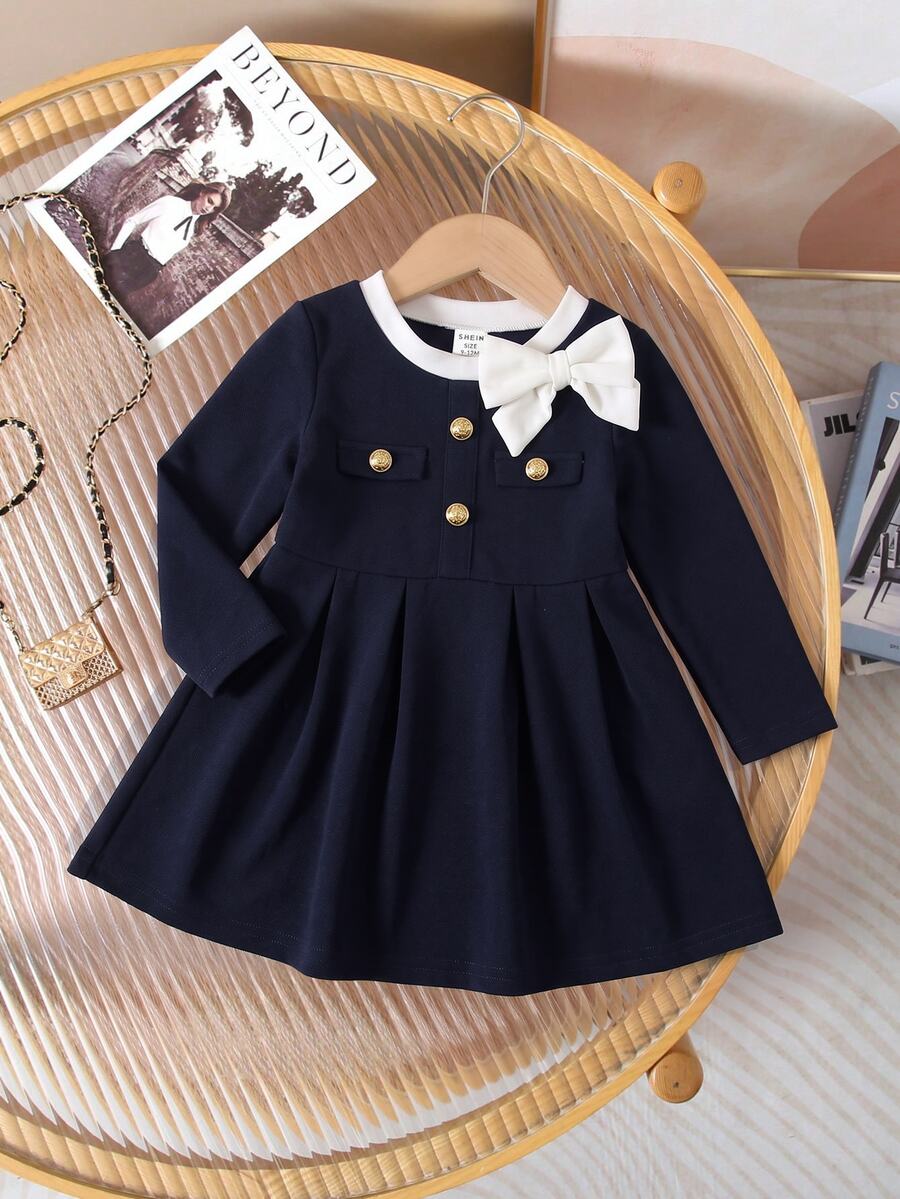 Baby Girl Cute Elegant Colorblock Bow & Button Design Dress Robe Elegante Chic - Blue - View 1