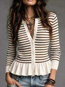 SHEIN Autumn Winter Casual Fashion Black White Striped Round Neck Single Breasted Flared Hem Slim Fit Long - Coffee Brown - View 6