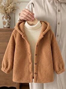 SHEIN 女童冬季淺棕色連帽抓絨外套，舒適面料，簡約百搭，適合室內外活動 - 棕色 - 查看 3