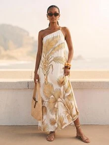 CAJUNI Chic Vacation Golden Tropical Illustration One Shoulder Maxi Dress - Multicolor - View 5