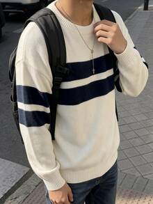 Manfinity Dauomo Men's Casual Colorblock Striped Sweater, Autumn/Winter - White - View 3