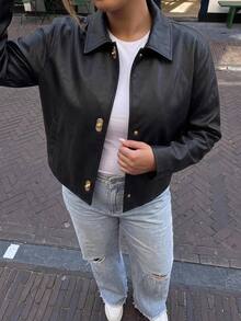 Solavibe Plus Size Black Faux Leather Collared Toggle Button Jacket For Campus Hangout,Urban Stroll,Autumn Holiday Trip,Winter Jacket,Work Outfits - Black - View 4